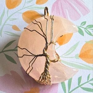 Pink moon pendant Rose Quartz wire wrapped tree celestial outer space